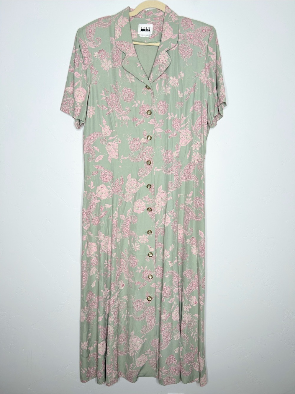 VNTG 90's Leslie Fay Mint Green Maxi Dress Pink Floral Print‎ Button Front SZ 16